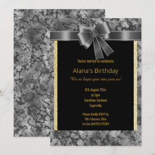 ELEGANT MARBLE GLITTER GOLD BLACK BOW INVITATION