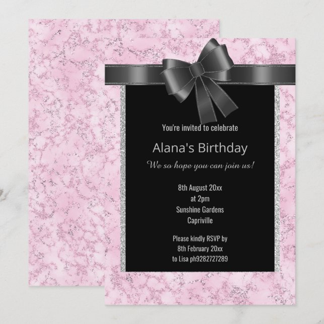 ELEGANT MARBLE GLITTER PINK SILVER BLACK BOW INVITATION (Front/Back)