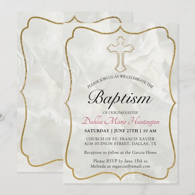 Elegant Marble Gold Baby Girls Baptism Invitation (Front/Back)