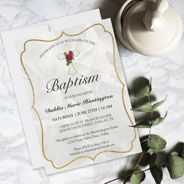 Elegant Marble Gold Baby Girls Baptism Invitation (Creator Uploaded)