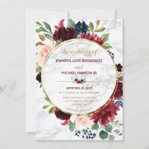Elegant Marble Gold Marsala Navy Blue Floral Bloom Invitation