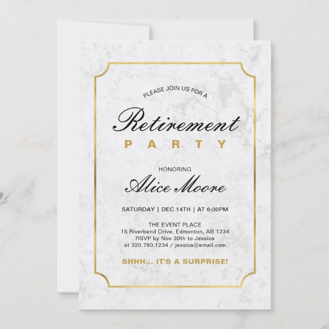 Elegant Marble & Gold | Surprise Retirement Party Invitation (Front)