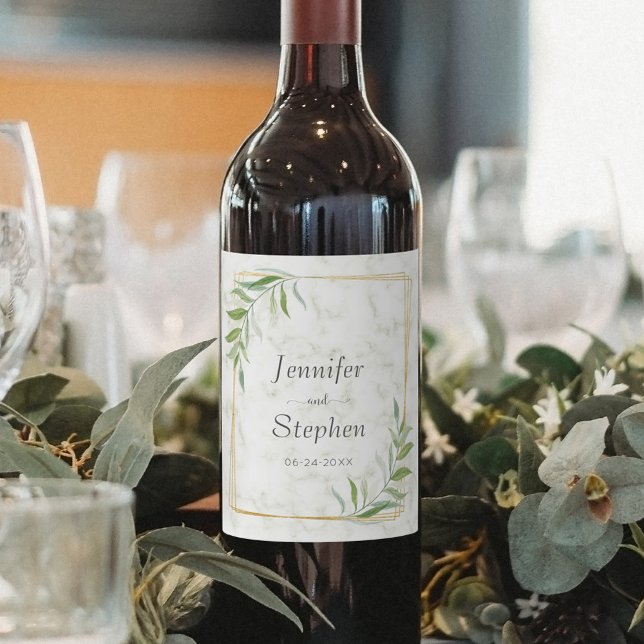 Elegant Marble Greenery Gold Geometric Wedding Wine Label (Creator Uploaded)