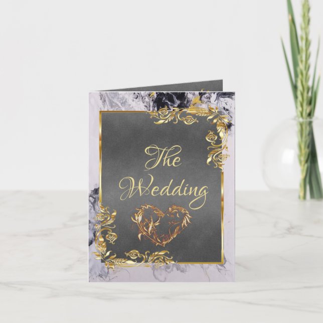 Elegant Marble, Grey, Gold Frame, Gold Heart Announcement (Front)