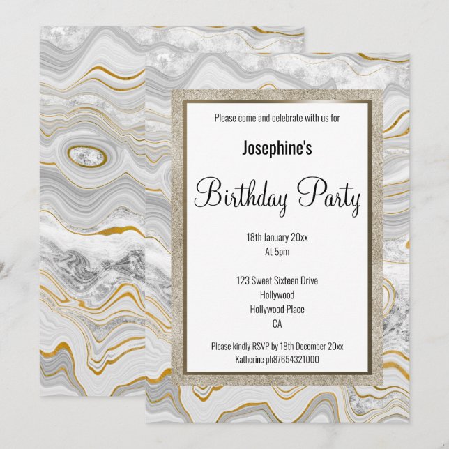 ELEGANT MARBLE GREY GOLD PATTERN BIRTHDAY INVITATION (Front/Back)