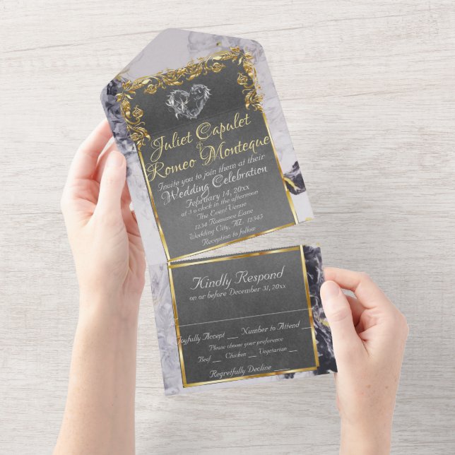Elegant Marble, Grey with Gold Leaves Frame All In One Invitation (Tearaway)