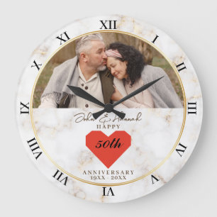 Elegant Marble & Heart 50th Wedding Anniversary Large Clock