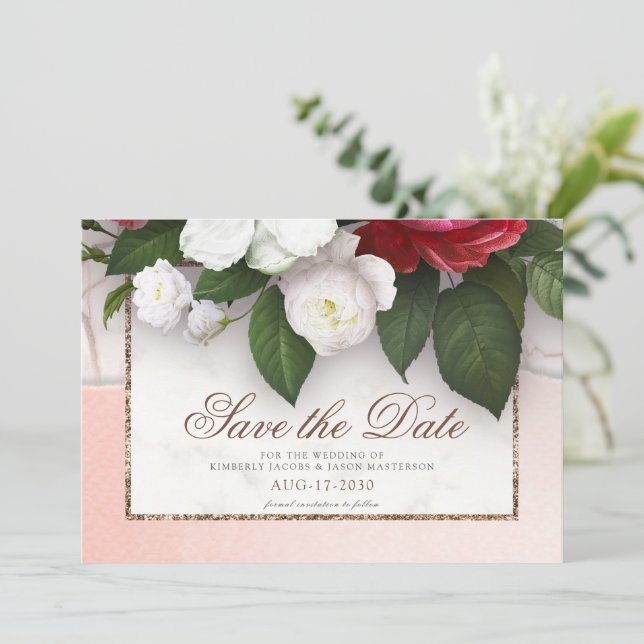 Elegant Marble Luxury Gold Floral Wedding Save The Date (Standing Front)