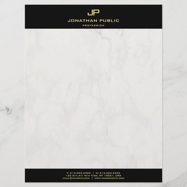 Elegant Marble Modern Black Gold Monogram Template Custom Letterhead (Front)