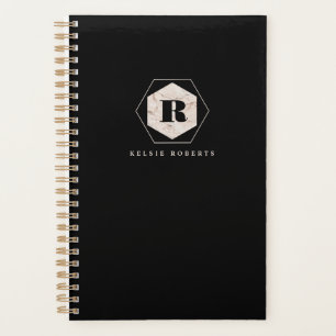 Elegant Marble Monogram Monthly Weekly Black  Planner