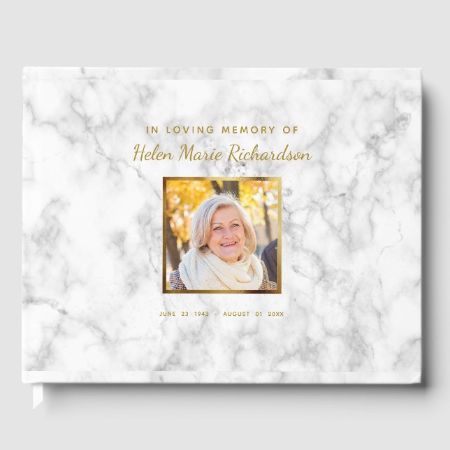Elegant Marble Photo Gold Memorial Funeral Service Guest Book (Front)