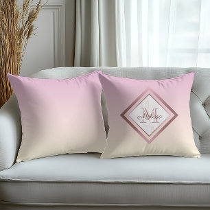 Elegant Marble Pink Gradient Rose Gold Monogram Cushion