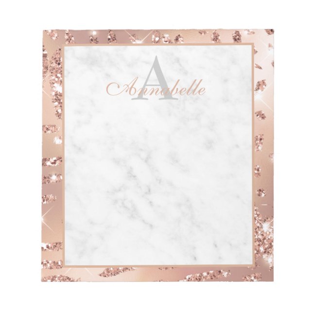 Elegant Marble Rose Gold Foil Script Monogram Notepad (Front)