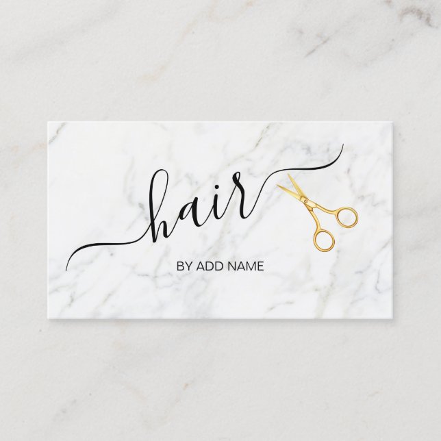 Elegant marble & rose gold scissors hairstylist business card (Front)