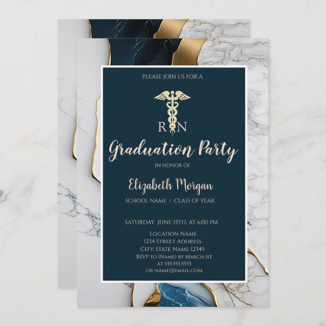 Elegant Marble Stone Gold Nurse Graduation Party Invitation (Front/Back)