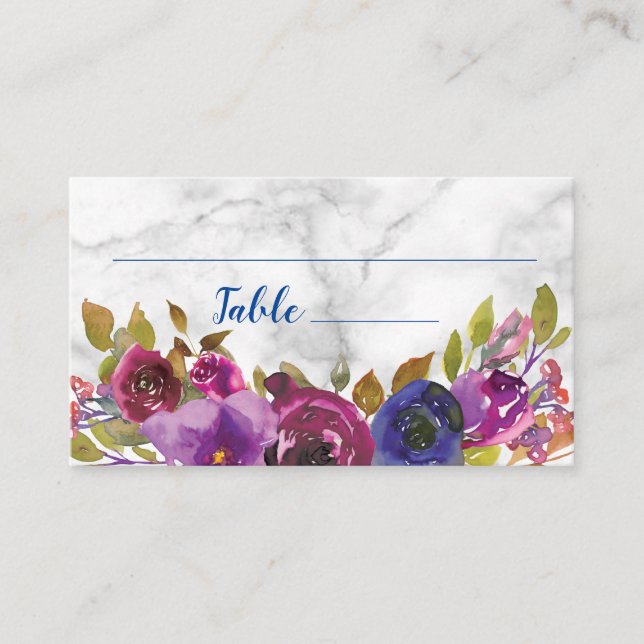 Elegant Marble Watercolor Floral Gold Wedding Place Card (Front)