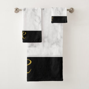 Elegant Marble White Black Gold Monogram Initial  Bath Towel Set