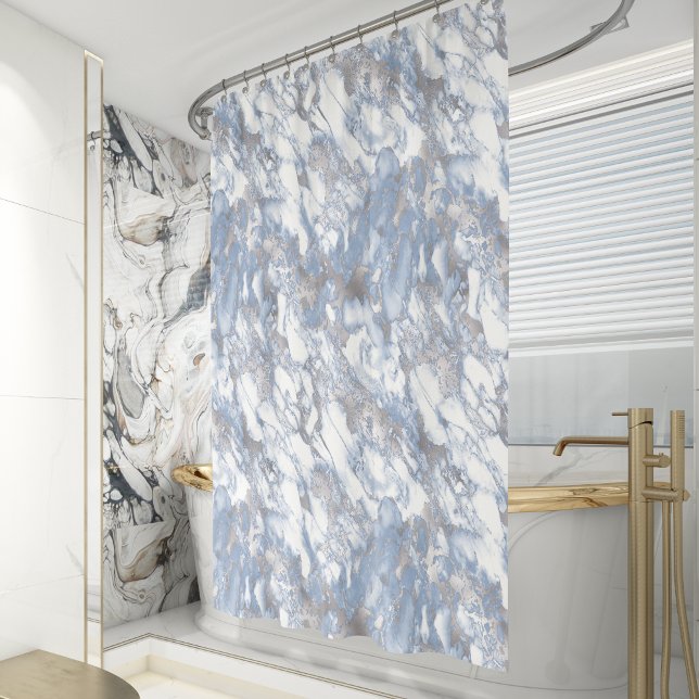 Elegant Marble White Dusty Blue Silver Faux Foil Shower Curtain (Creator Uploaded)
