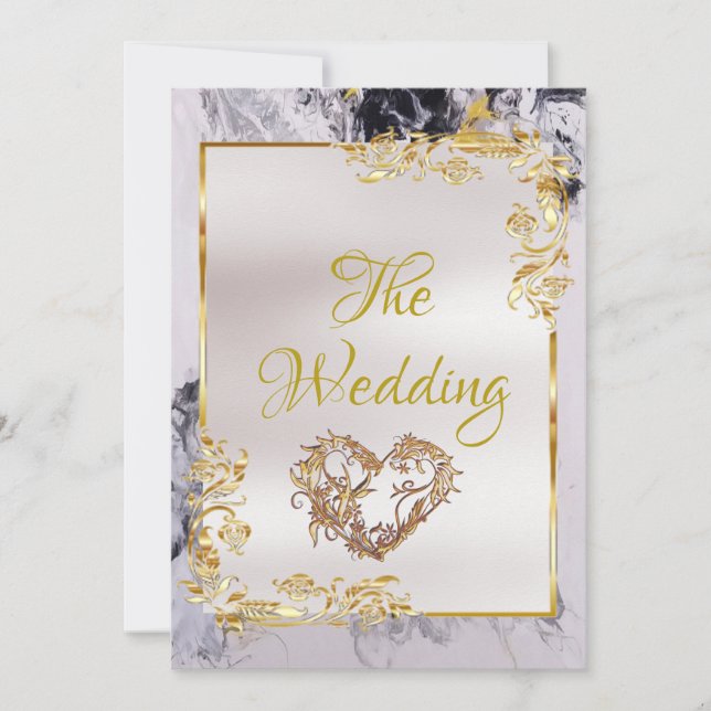 Elegant Marble, White, Gold Frame, Gold Heart Invitation (Front)