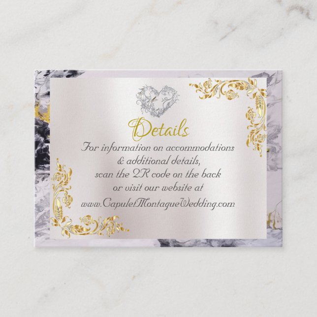 Elegant Marble, White, Gold Frame, Silver Heart Enclosure Card (Front)