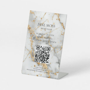 Elegant, Marble-White-Gold, Salon, QR-Code Pedestal Sign