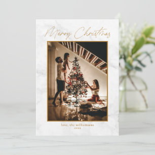 Elegant Marble White Gold Two Photo Christmas Holiday Card