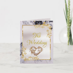 Elegant Marble, White with Gold Frame, Gold Heart Announcement