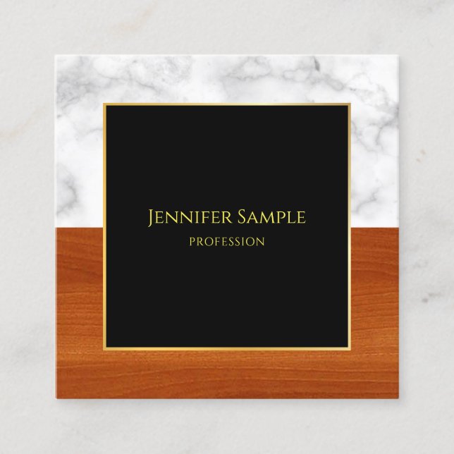 Elegant Marble Wood Black Gold Luxurious Plain Square Business Card (Front)