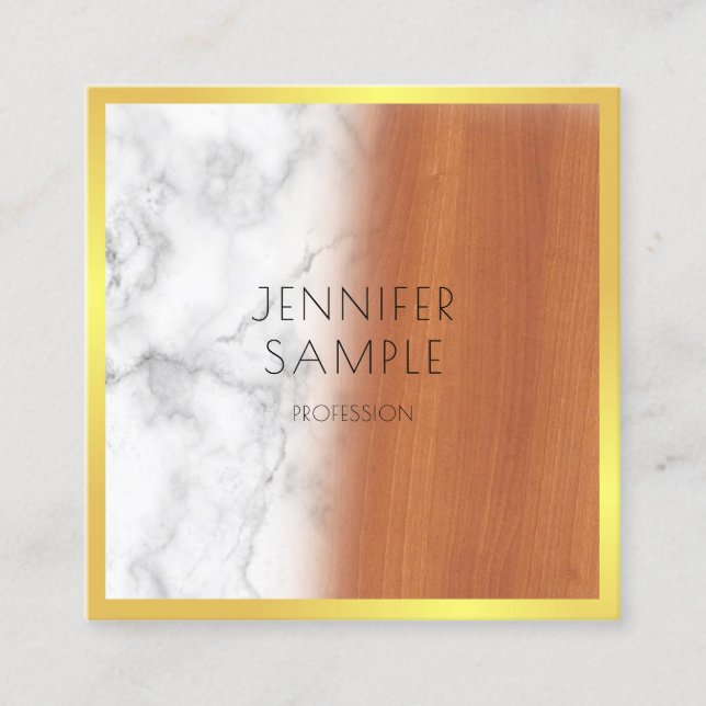 Elegant Marble Wood Black Gold Professional Plain Square Business Card (Front)