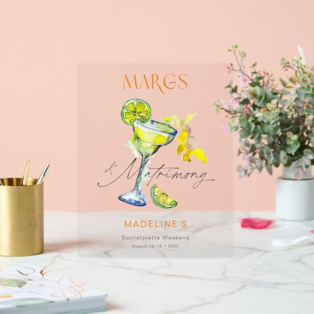 Elegant Margs & Matrimony Bachelorette Weekend Acrylic Sign (Wedding)