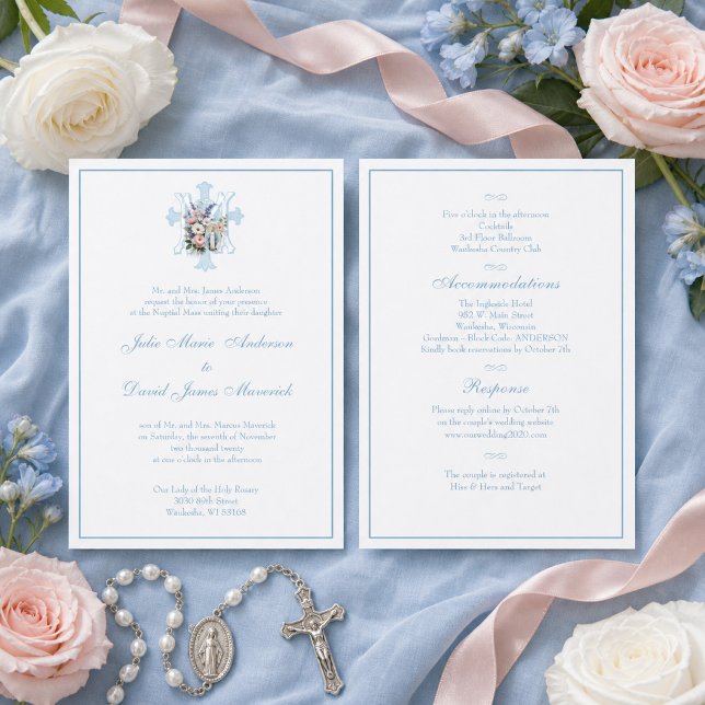Elegant Marian Catholic Blue Wedding Invitation (Creator Uploaded)