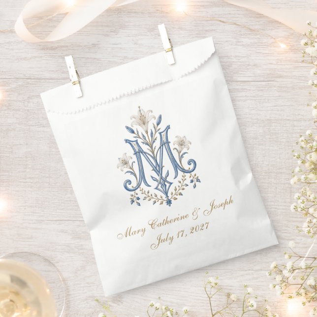 Elegant Marian Monogram Catholic Wedding Favour Bags (Clipped)