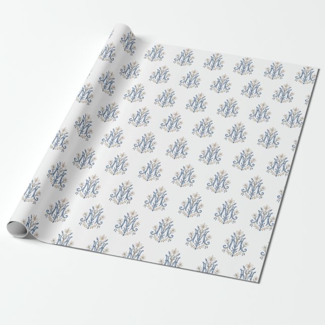 Elegant Marian Monogram with Fleur-de-Lis Catholic Wrapping Paper (Unrolled)