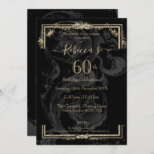 Elegant Marie Antoinette on black french inspired  Invitation (Front/Back)