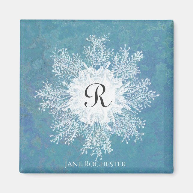 Elegant Marine Coral Blue Green Coral Monogram Magnet (Front)