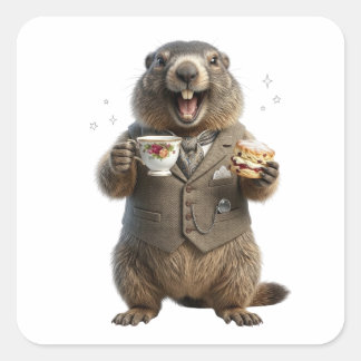 Elegant Marmot Drinking Tea Square Sticker