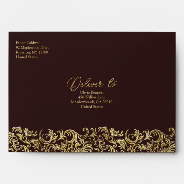 Elegant Maroon and Gold Damask Envelope (Front)