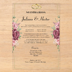 Elegant Maroon and Gold Floral Wedding Acrylic Invitations