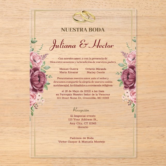 Elegant Maroon and Gold Floral Wedding Acrylic Invitations (Front)