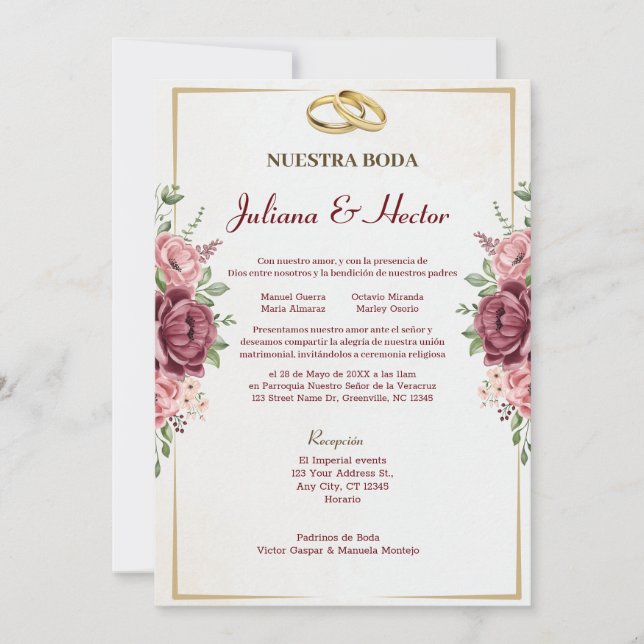 Elegant Maroon and Gold Floral Wedding Invitation (Front)