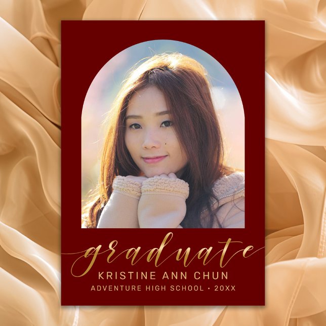 Elegant Maroon Arch Gold Script Photo Graduation Announcement (Maroon and Gold Script Photo Graduation Announcement)