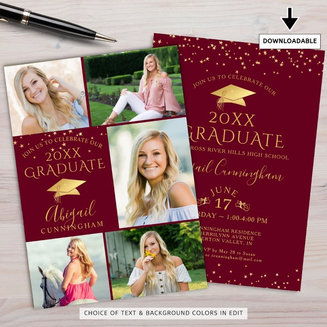 Elegant Maroon Burgundy Gold 5 Photo Graduate Invitation (Creator Uploaded)