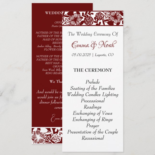 Elegant Maroon-Burgundy Wedding Flat Program Programme (Front/Back)