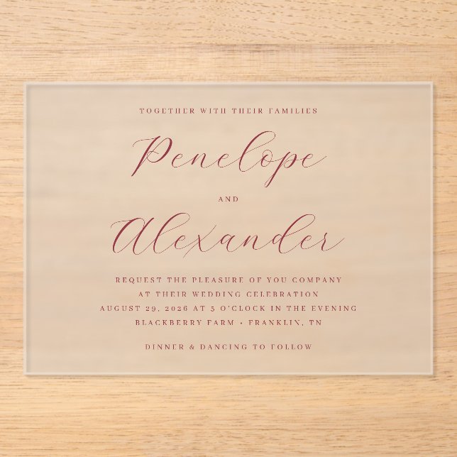 Elegant Maroon Calligraphy Acrylic Invitations (Front)