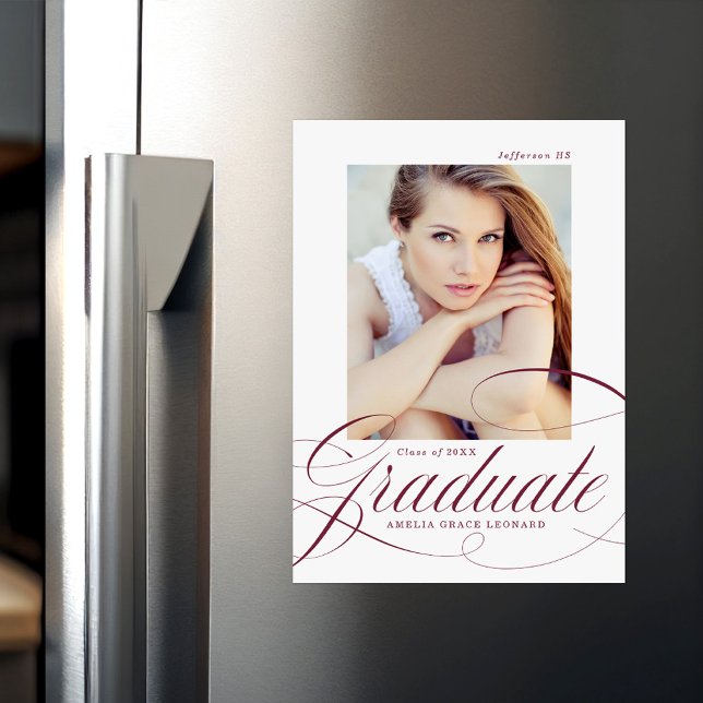 Elegant Maroon Calligraphy Script Photo Graduation Magnetic Invitation (Creator Uploaded)