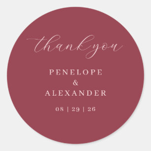 Elegant Maroon Calligraphy Thank You Classic Round Sticker