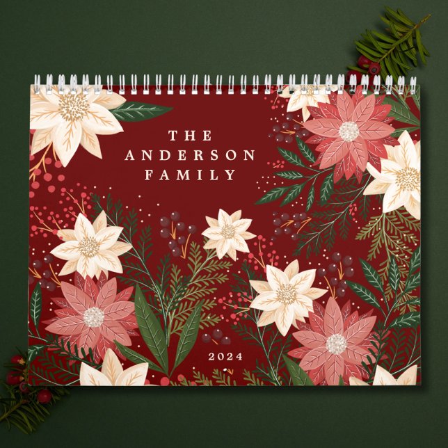 Elegant Maroon Family Name Poinsettia Christmas Calendar (Creator Uploaded)