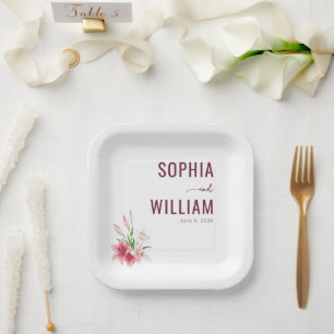 Elegant Maroon Floral Watercolor Paper Plate