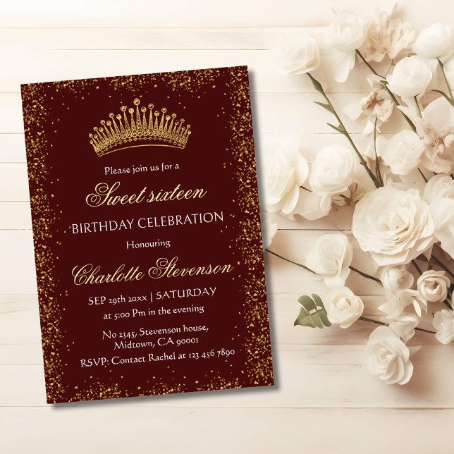 Elegant maroon Glitter Gold Crown Sweet 16 Bday Invitation (Creator Uploaded)