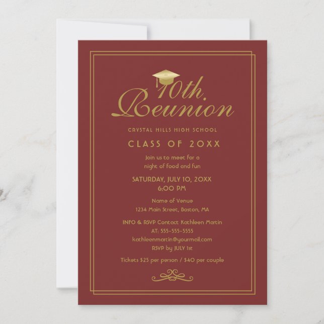 Elegant Maroon Gold 10th Class Reunion Invitation (Front)